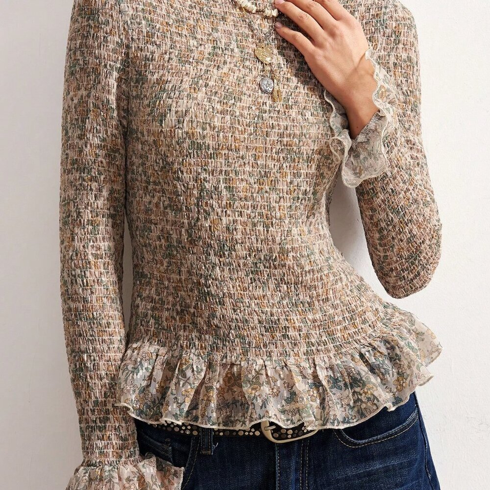 Yellow Casual Women's Printed Round Neck Long Sleeve Blouse - Picture 4 of 8